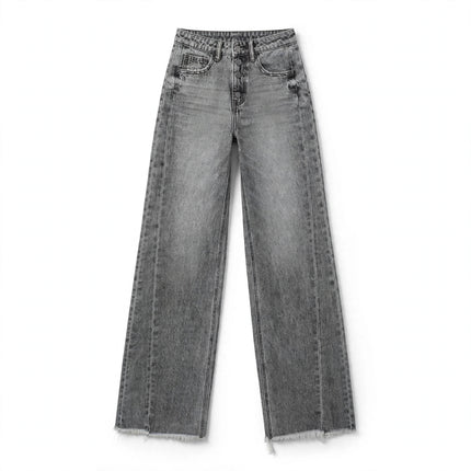 Fashion High Waist Jeans With Pockets Comfortable Slim Fit Straight Wide-leg Pants Womens Clothing - White Background