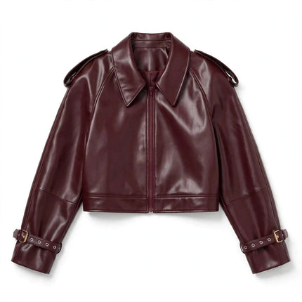 Loose Lapel Leather Jacket Fashion Cropped Tops Streetwear For Womens Clothing - White Background