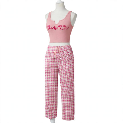 Spring Summer Women's Casual Pajamas Home Wear Vest Color Matching Plaid Trousers, 2 Pcs Home Clothes Sleepwear — view 1