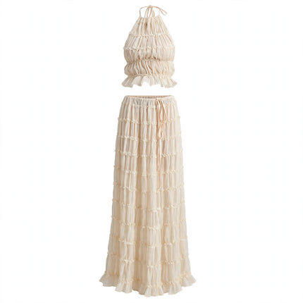 2pcs Women's Dress Suit Sexy Sleeveless Backless Cropped Halter Top And Pleated Long Skirt Beach - White Background