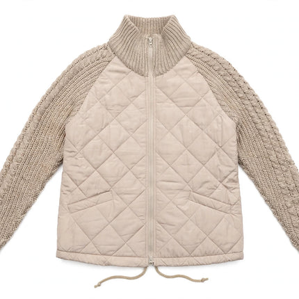 Winter Stand Collar Cotton Jacket With Pockets Fashion Knitted Stitching Zipper Coat Warm Tops - White Background