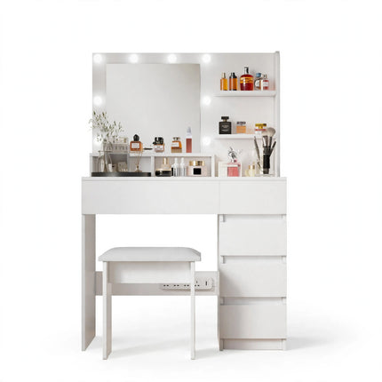 Vanity, Makeup Vanity Desk Set With Mirror & Light, Dressing Table Storage Lots With Power Strip, 3 Lighting Modes With Adjustable Brightness, 37 Inches White With Stool - White Background