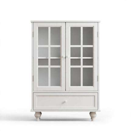 Minimalist White Buffet Cabinet With Double Glass Doors And Drawer, Modern Wooden Storage Sideboard Cupboard For Living Room, Dining Room Hallway Entryway - White Background