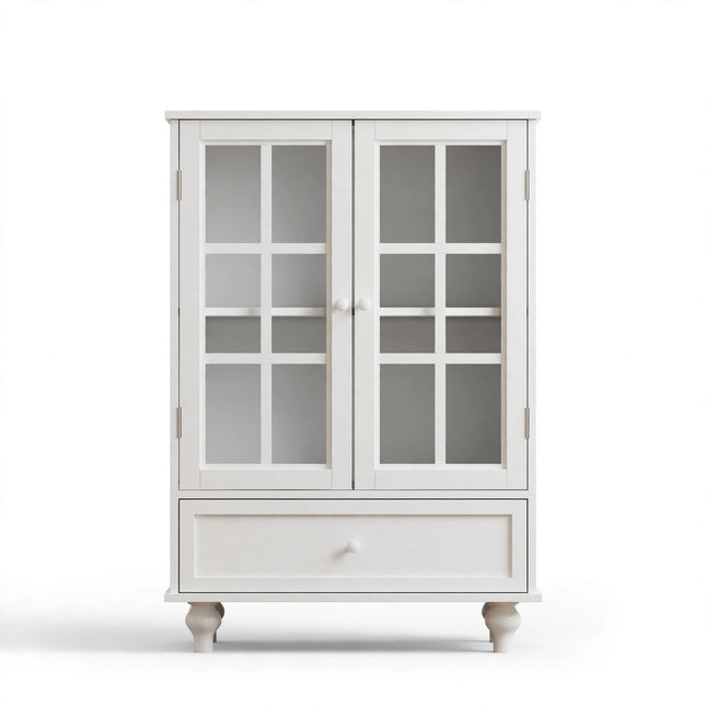 Minimalist White Buffet Cabinet With Double Glass Doors And Drawer, Modern Wooden Storage Sideboard Cupboard For Living Room, Dining Room Hallway Entryway - White Background