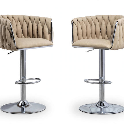 360 Fabric Cover Swivel Bar Stools Set Of 2, Adjustable Counter Height Bar Chairs With Woven Back & Footrest, Silver Chromed Bar Stools For Kitchen Island, Cafe, Pub - White Background
