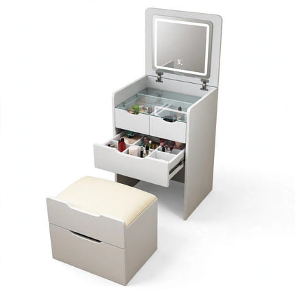 48CM 3 In 1 Vanity Desk With Plip Top Mirror, Small Make Up Vanity Set With Visible Glass Desktop, Compact Makeup Vanity With 3 Drawers, Dressing Table For Bedroom — view 1