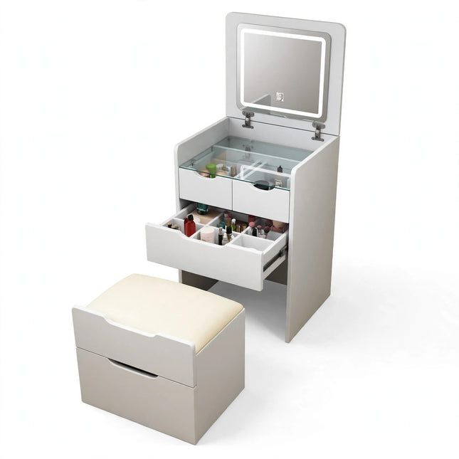 48CM 3 In 1 Vanity Desk With Plip Top Mirror, Small Make Up Vanity Set With Visible Glass Desktop, Compact Makeup Vanity With 3 Drawers, Dressing Table For Bedroom — view 1
