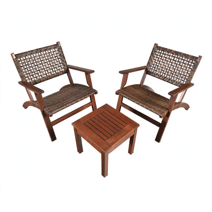 3 Pieces Outdoor Wooden Patio Rattan Furniture Set - White Background