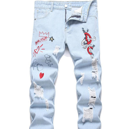 Men's Motorcycle Zipper-Decorated Jeans Slim Fit Ripped — 1011Lake Blue