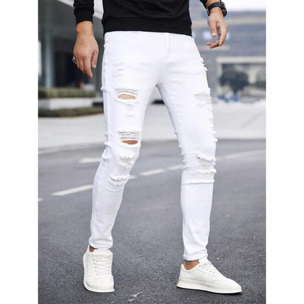 Men's Solid Color Cuffed Straight Jeans Casual And Comfortable Slim Fit — view 3