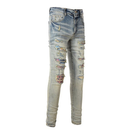 Meigao Street Vintage Crumpled Ripped Cat Beard Patch Printed Jeans Men — view 3