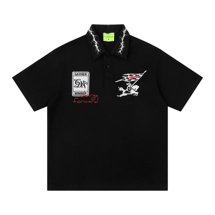 Retro Lapel Letter-embroidered Short-sleeve T-shirt — Black