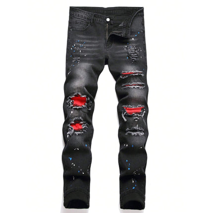 Men's Fashionable Straight-Leg Ripped Black Jeans — Black