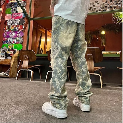 Nostalgic Loose Straight-Leg Ripped Printed Denim Jeans — view 4