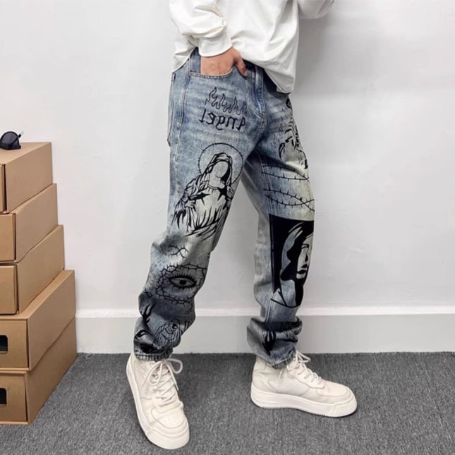 Retro Blue Skinny Jeans High Street Graffiti Printing Loose — Blue