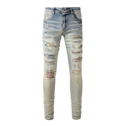 Meigao Street Vintage Crumpled Ripped Cat Beard Patch Printed Jeans Men — view 4