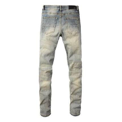 Meigao Street Vintage Crumpled Ripped Cat Beard Patch Printed Jeans Men — view 5