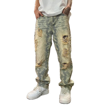 Nostalgic Loose Straight-Leg Ripped Printed Denim Jeans — view 6