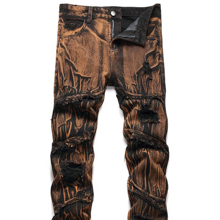 Men's Motorcycle Zipper-Decorated Jeans Slim Fit Ripped — H909Rust color
