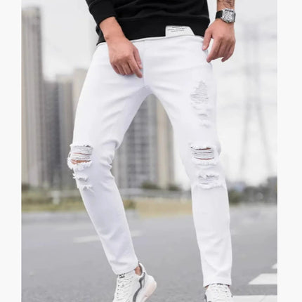 Men's Solid Color Cuffed Straight Jeans Casual And Comfortable Slim Fit — White  A