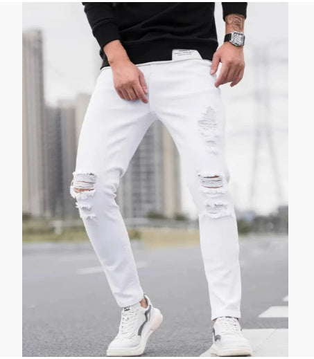 Men's Solid Color Cuffed Straight Jeans Casual And Comfortable Slim Fit — White  A