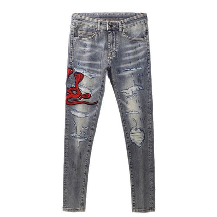 Worn Looking Washed-out Hole Patch Trendy Brand Embroidered Slim Fit Jeans — view 3