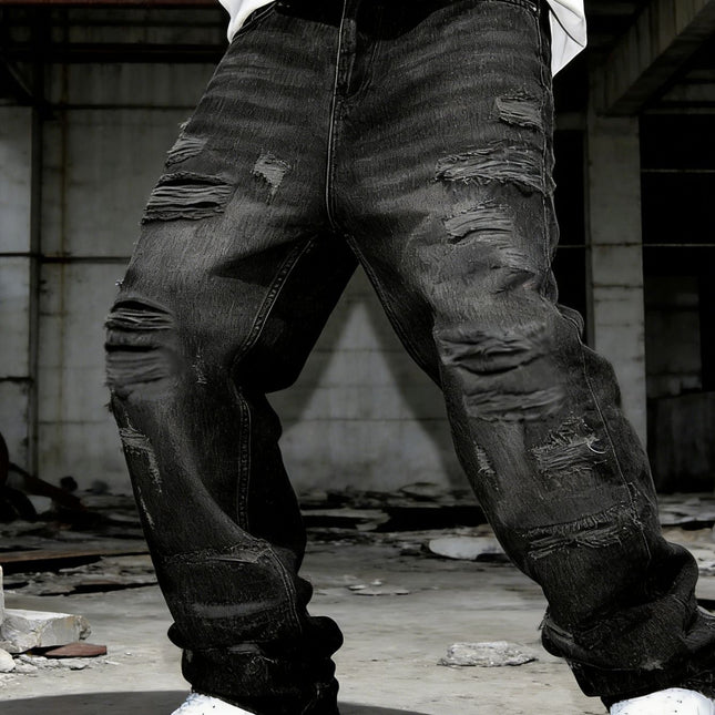 Retro Casual Personalized Patchwork jeans for men — Black