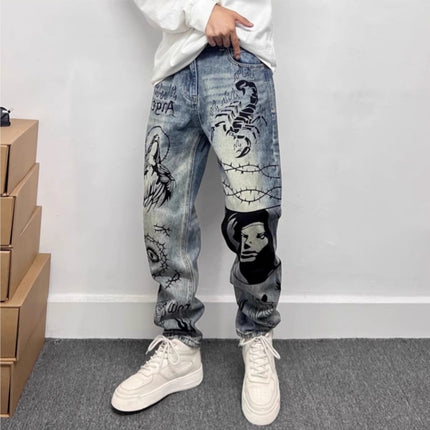 Retro Blue Skinny Jeans High Street Graffiti Printing Loose — view 3