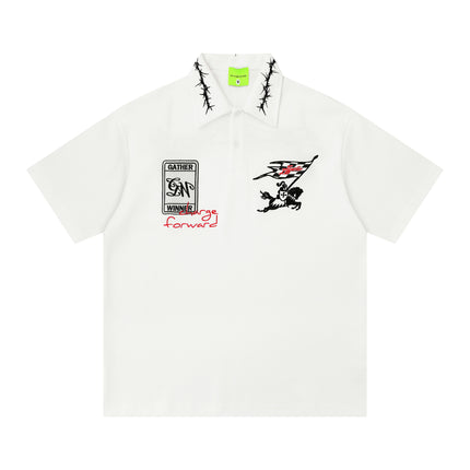 Retro Lapel Letter-embroidered Short-sleeve T-shirt — White