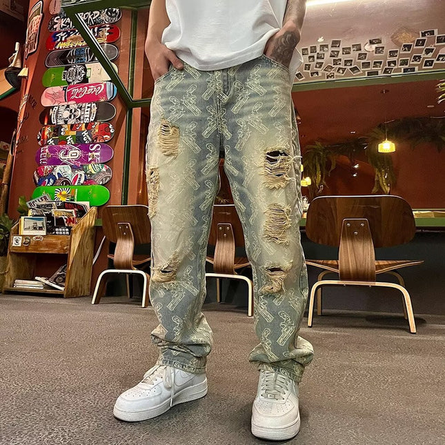 Nostalgic Loose Straight-Leg Ripped Printed Denim Jeans — Retro Blue