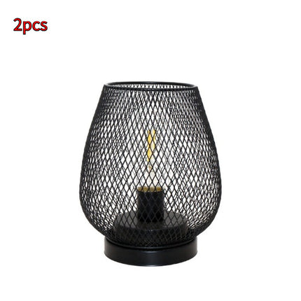 Retro Iron Art Table Lamp Battery Powered Night Light Hollowed Out Birdcage — Black 2pcs