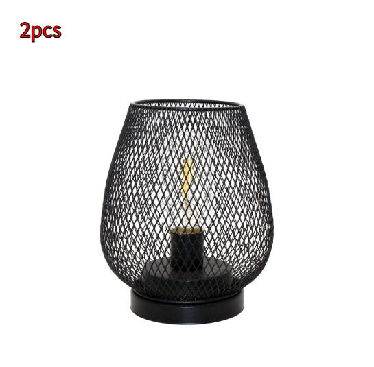 Retro Iron Art Table Lamp Battery Powered Night Light Hollowed Out Birdcage — Black 2pcs