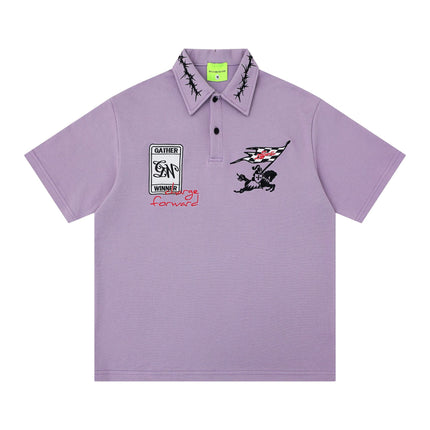 Retro Lapel Letter-embroidered Short-sleeve T-shirt — Purple