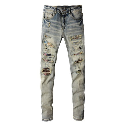 Meigao Street Vintage Crumpled Ripped Cat Beard Patch Printed Jeans Men — 876Color