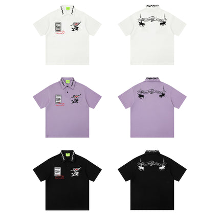 Retro Lapel Letter-embroidered Short-sleeve T-shirt — view 4
