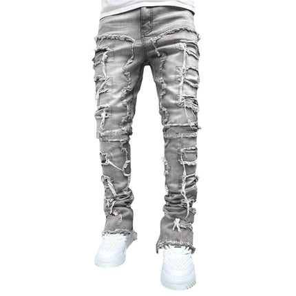 New Men's Denim Straight Pants European And American Street Fashion Stretch Patch Denim Straight Pants — Gray