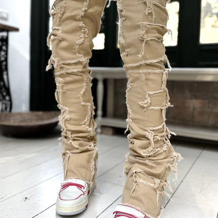 New Men's Denim Straight Pants European And American Street Fashion Stretch Patch Denim Straight Pants — Dark khaki color