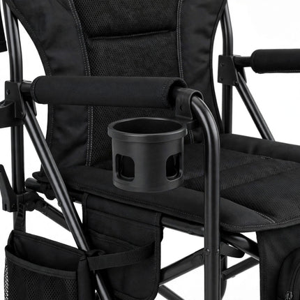 Fishing chair rod holder and cup holder detail