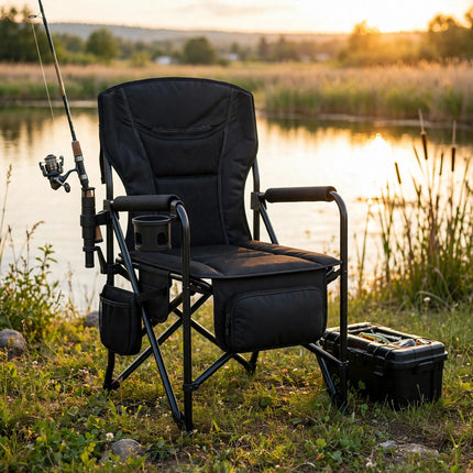 Fishing chair by a lake with rod