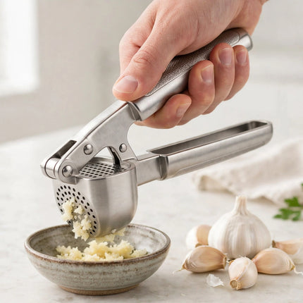 Stainless steel garlic press pressing garlic into a bowl