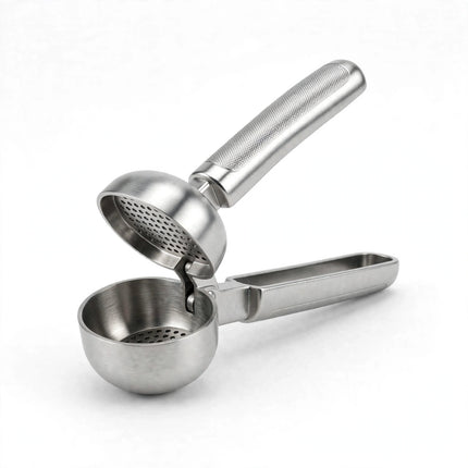 Stainless steel garlic press open hopper view
