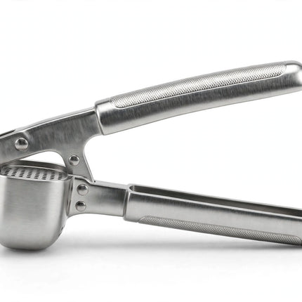 Stainless steel garlic press side view