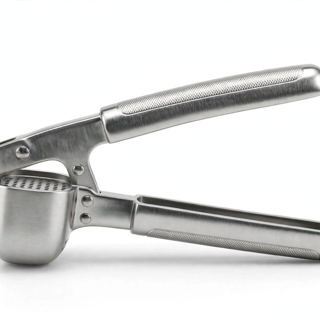 Stainless steel garlic press side view
