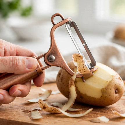 Copper peeler peeling a potato