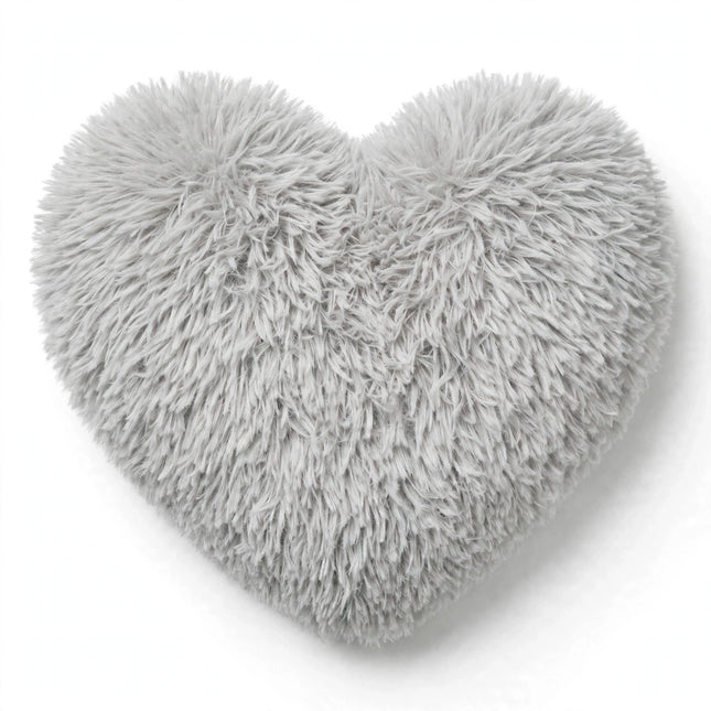 Fluffy shaggy heart pillow in light gray