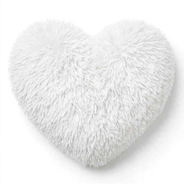 Fluffy shaggy heart pillow in white