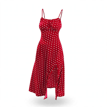 New Polka Dot Print Suspender Dress Summer Sexy Split Long Dresses