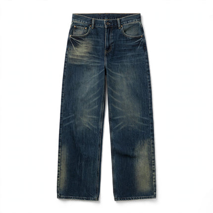 Mens Retro Washed Wide-Leg Loose-Fit Denim Jeans